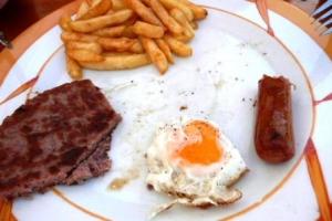 hamburger, sausage, egg & chips at Sa Nacra, Menorca