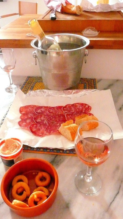 afternoon nibbles cotes de Provence, tarali, charcuterie, baguette, taramasalata